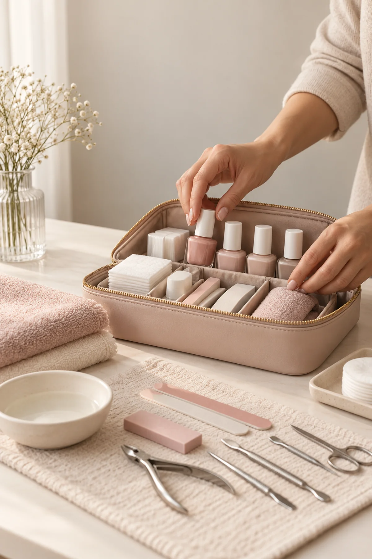 Hands arranging a clean portable nail-care kit for a mobile appointment.