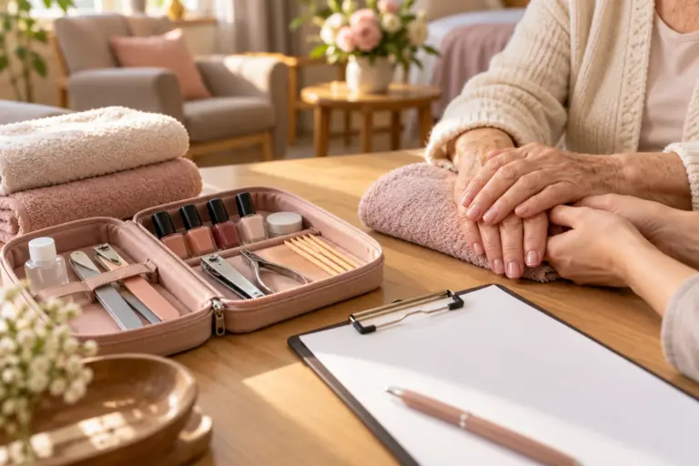 Mobile nail-care kit prepared beside a comfortably seated older adult in a care setting.