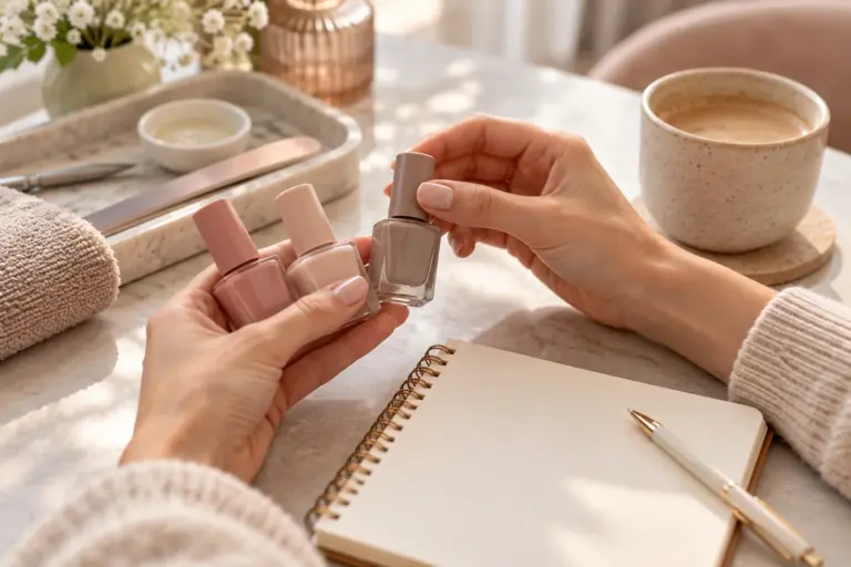 Client comparing two nail polish colors before a mobile appointment.