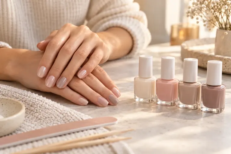 Neutral nail polish shades displayed beside neatly manicured hands.