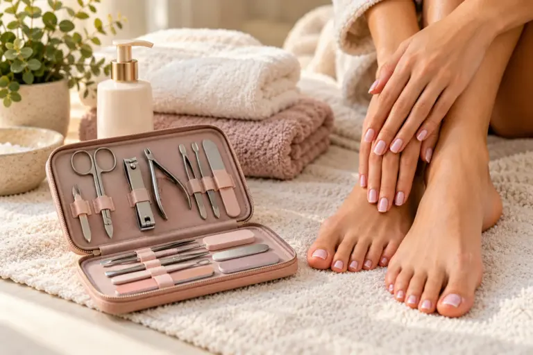 Gentle hand massage during a calm mobile nail-care appointment.