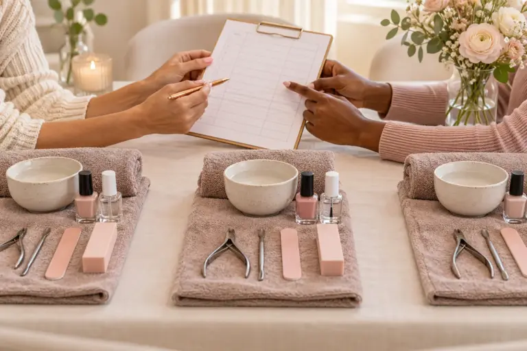 Three coordinated nail-care place settings beside a blank planning sheet