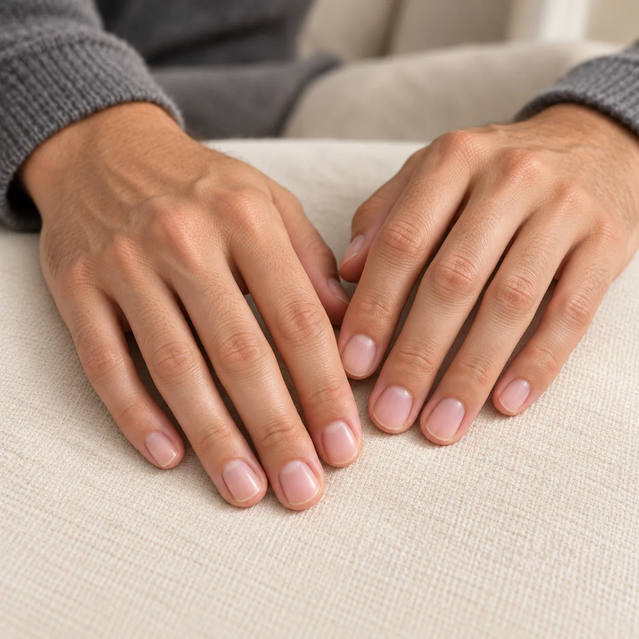 Adult man’s hands with short, neatly groomed natural nails.