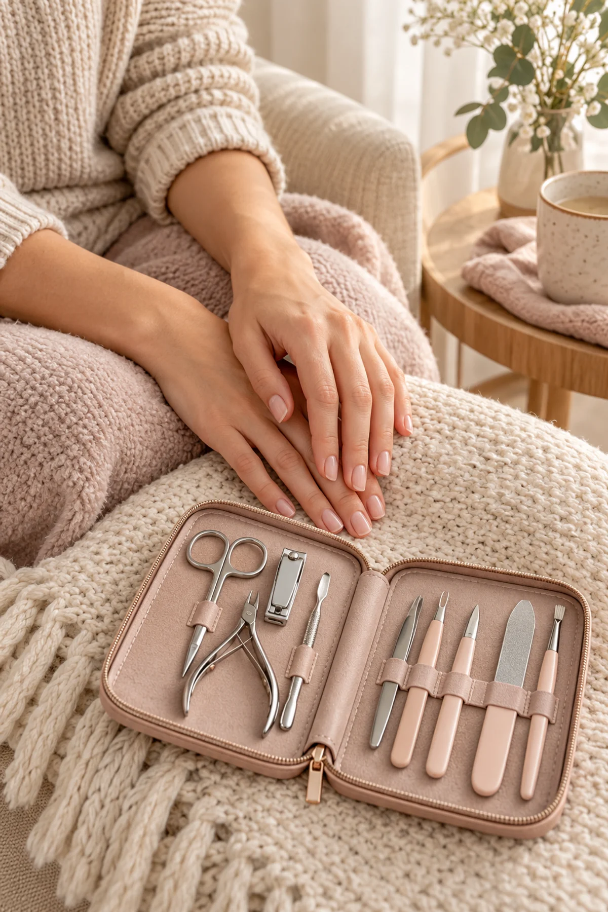 Adult client’s natural hands beside a portable nail-care kit in a comfortable home setting.