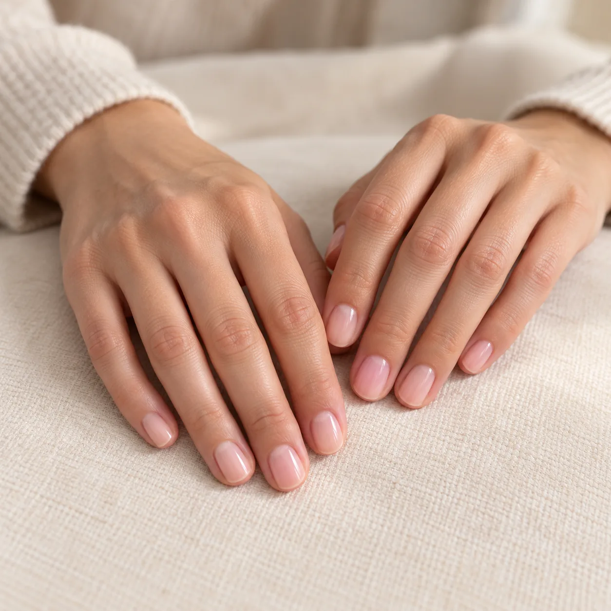 Adult hands with short natural nails and soft blush polish.