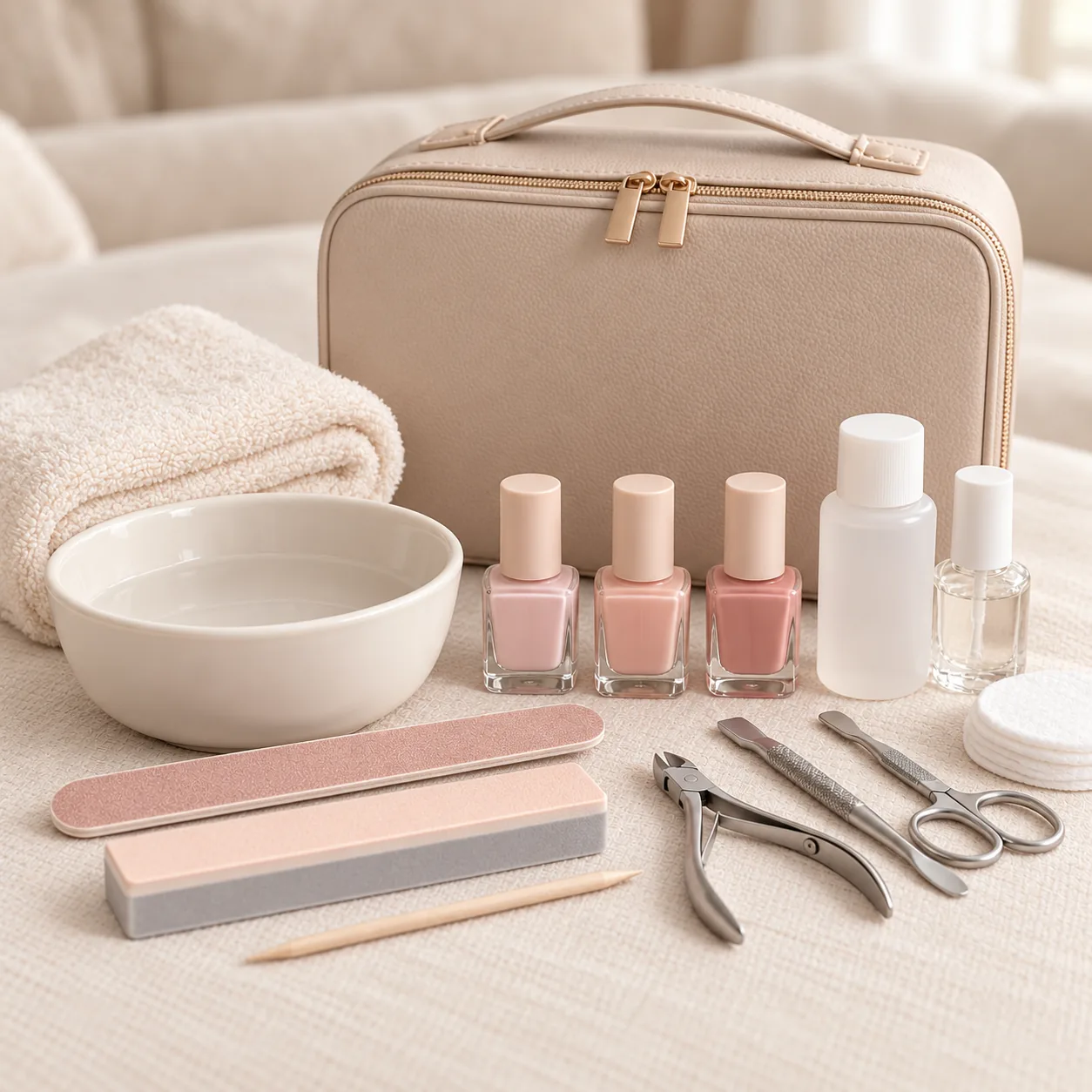 Portable manicure and pedicure supplies arranged for a mobile visit.