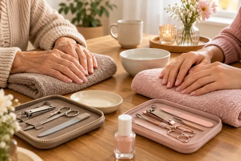 Family members seated together for a relaxed mobile nail-care visit.