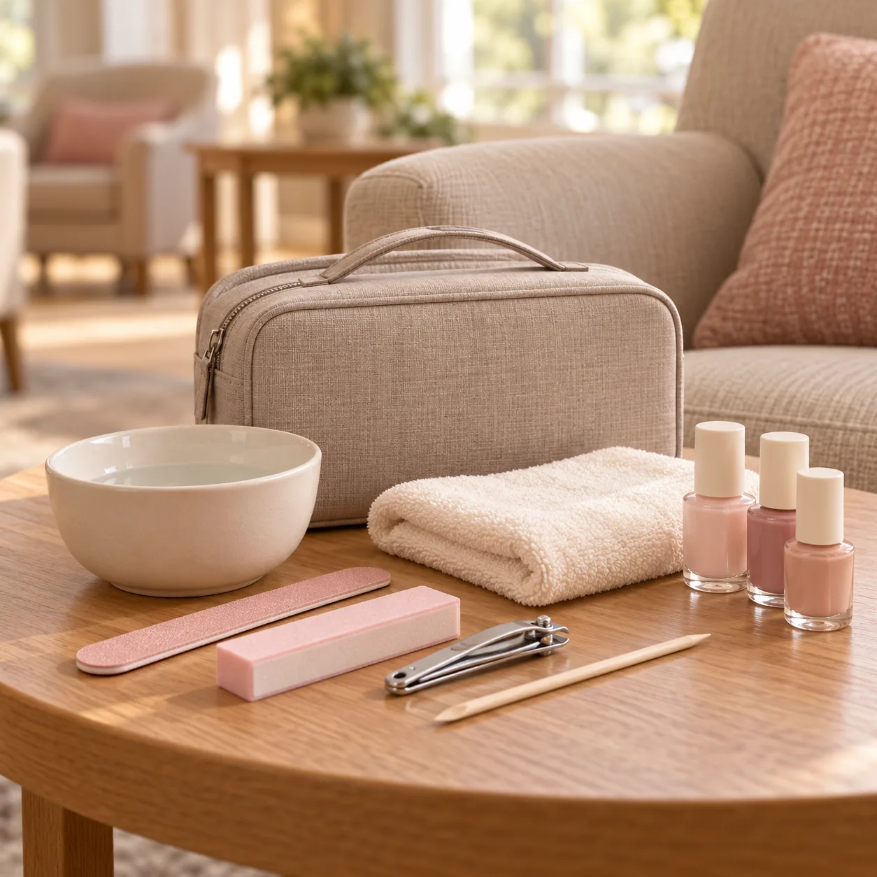 Portable nail-care supplies arranged for a mobile appointment.