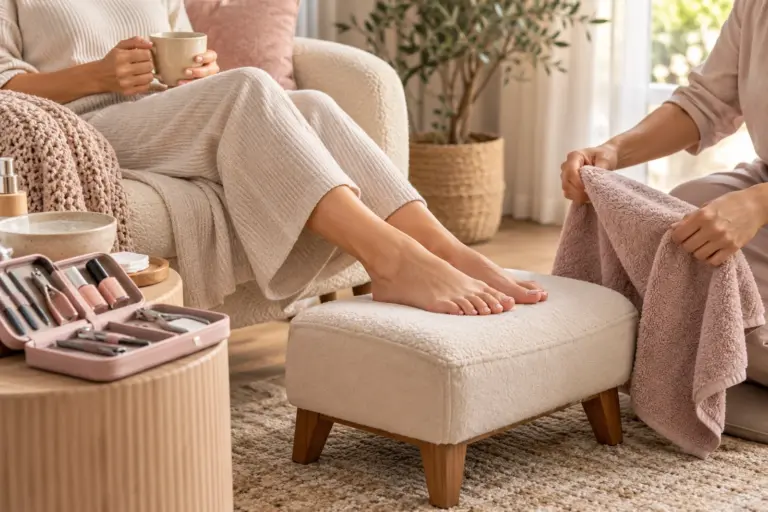 Comfortable seated adult with a mobility aid beside a mobile nail-care setup.