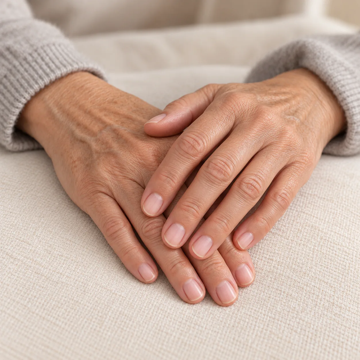 Older adult hands with neatly groomed natural nails.