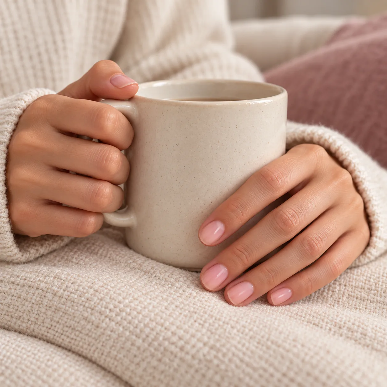 Adult hands with short natural nails and soft blush polish.