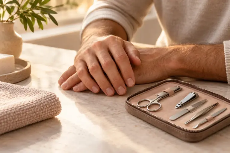 Man receiving neat natural-finish nail grooming without colored polish.