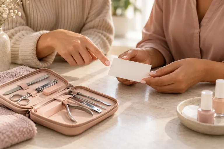 Family member discussing a mobile nail appointment with an older adult.