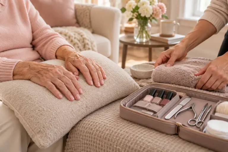 Older adult’s hands resting comfortably beside a portable manicure kit