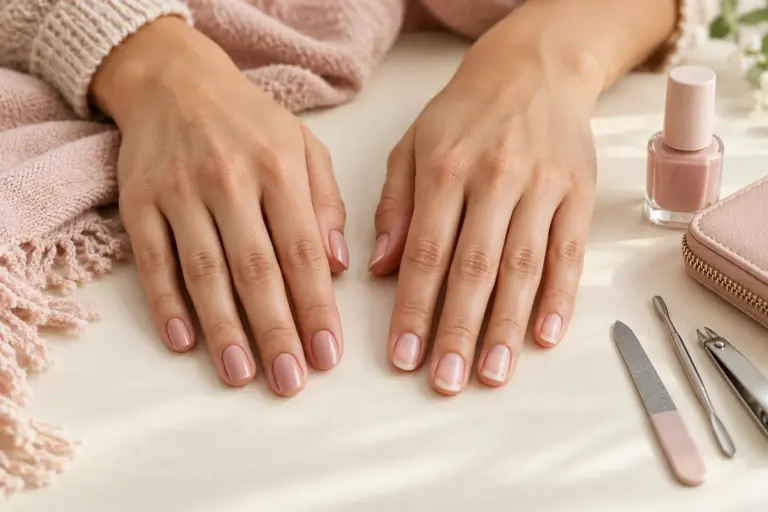 Adult hands showing neutral polish and a natural nail finish