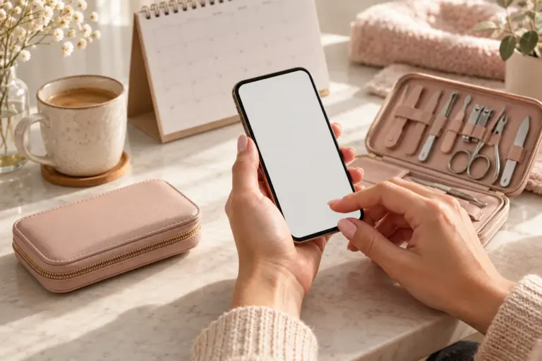 Calendar and phone beside a portable nail-care kit for rescheduling an appointment.