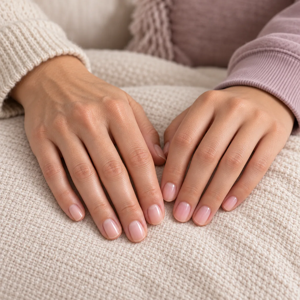 Teen and guardian hands with neatly groomed natural nails.