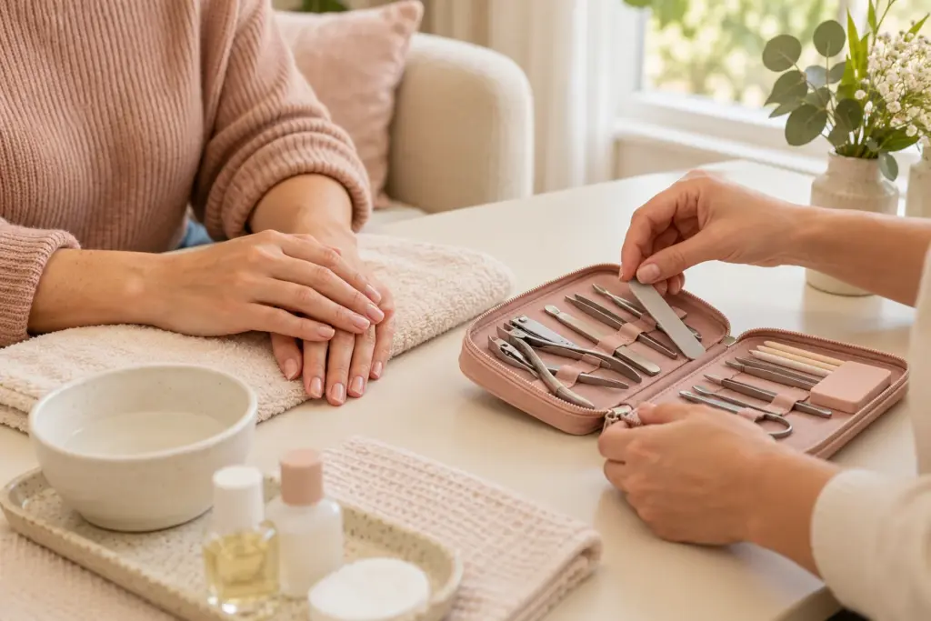 Portable manicure kit beside an adult client’s hands during appointment preparation