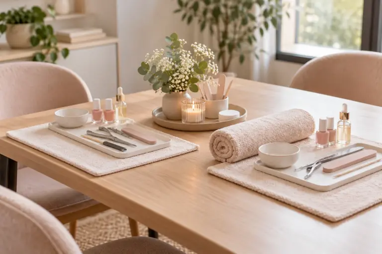 Portable manicure setup prepared in a calm workplace meeting area.